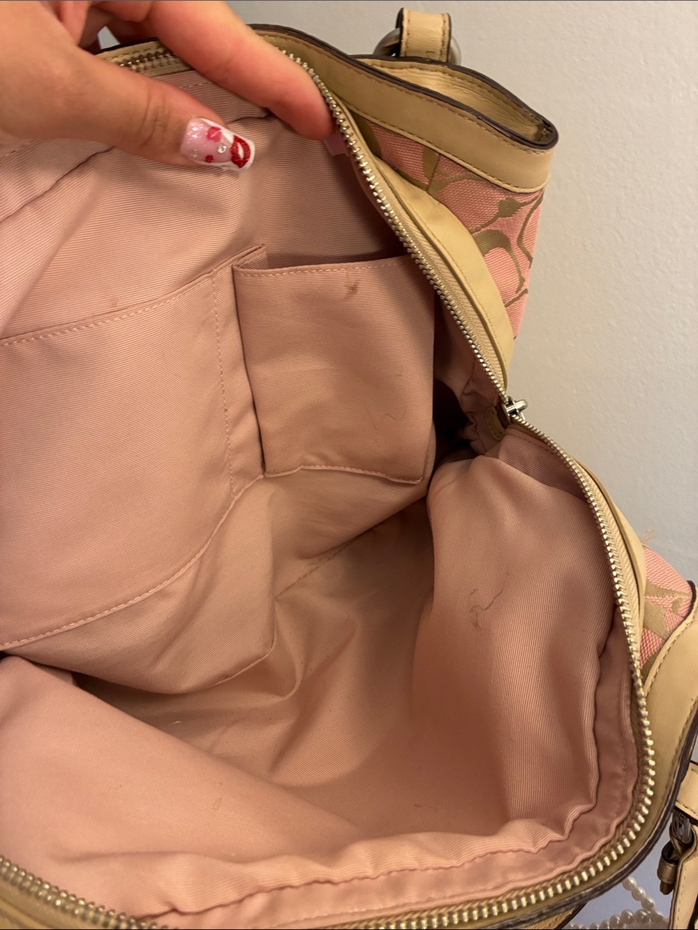 Coach Pink Signature Canvas Shoulder Bag with Beige Trim and Charm - Picture 6 of 12